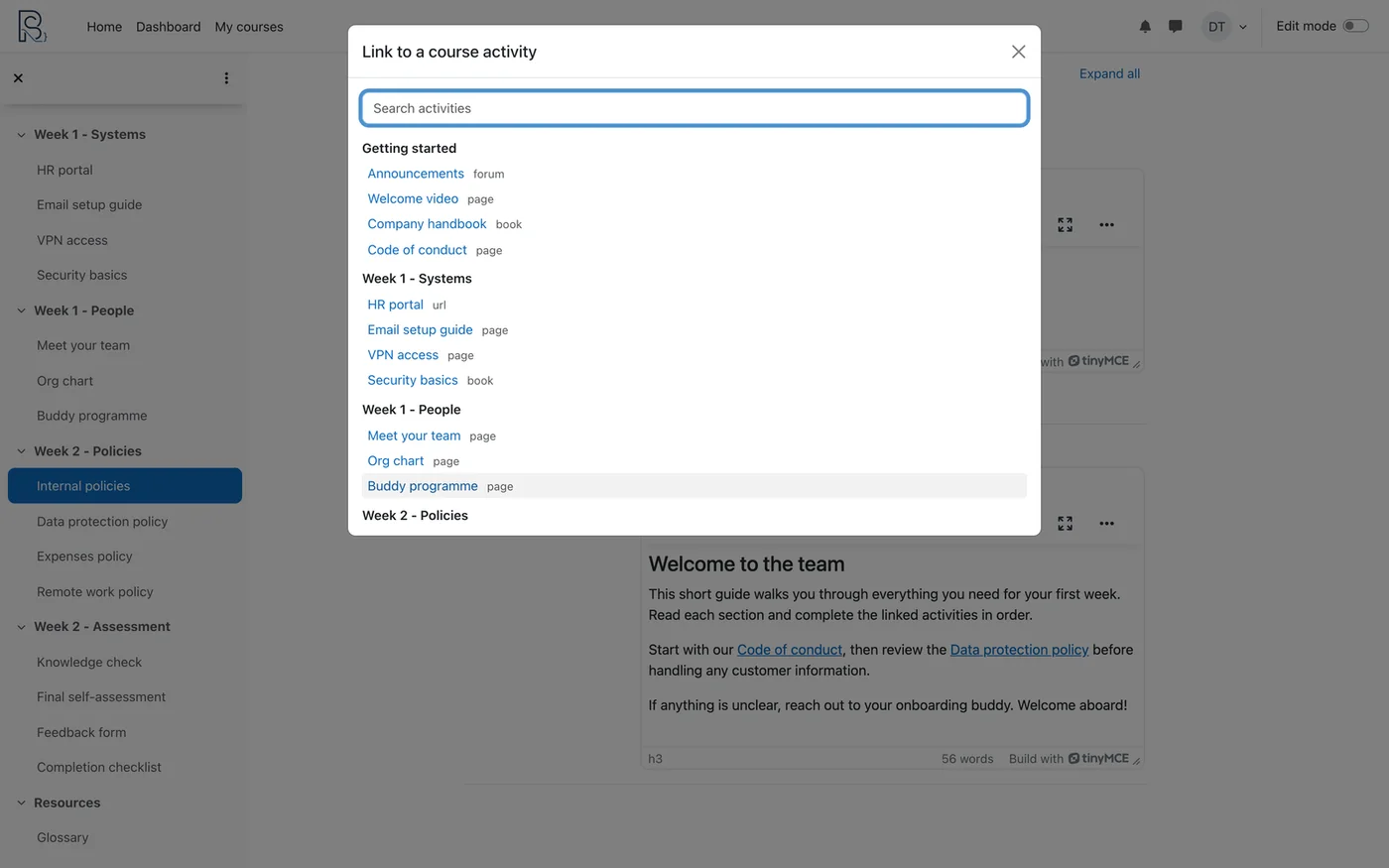Course Link Picker in the Moodle TinyMCE editor